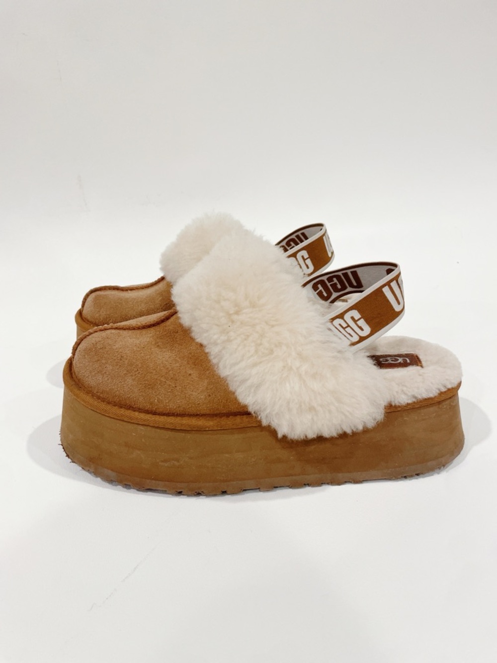 UGG Funkette Platform Slippers Women's 8 Chestnut Suede Sheepskin Slingback